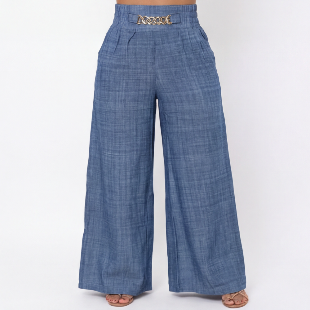 Florena™ Pantalones de talle alto y pierna ancha con detalle de cadena.
