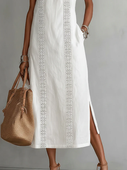 Jimena | Vestido midi de lino con cuello mao