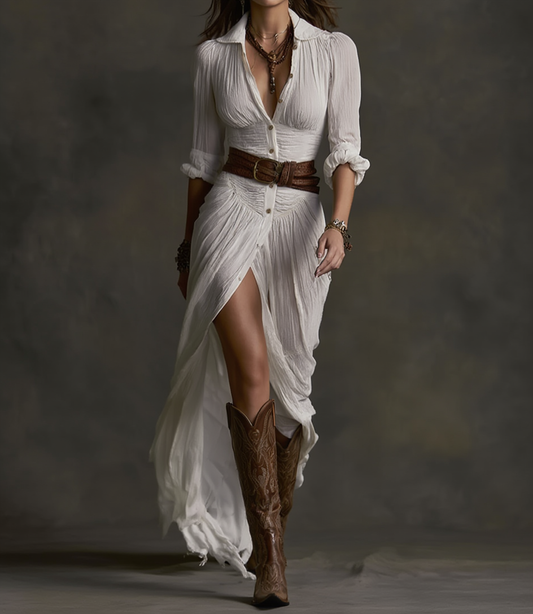 Aurora · Vestido Largo de Lino con Cuello Invertido