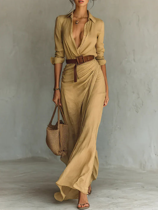 Camille™ | Vestido maxi con solapa y cinturón en la cintura