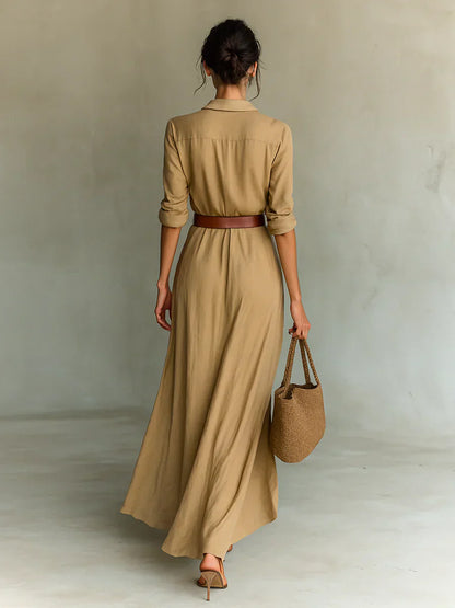 Camille™ | Vestido maxi con solapa y cinturón en la cintura