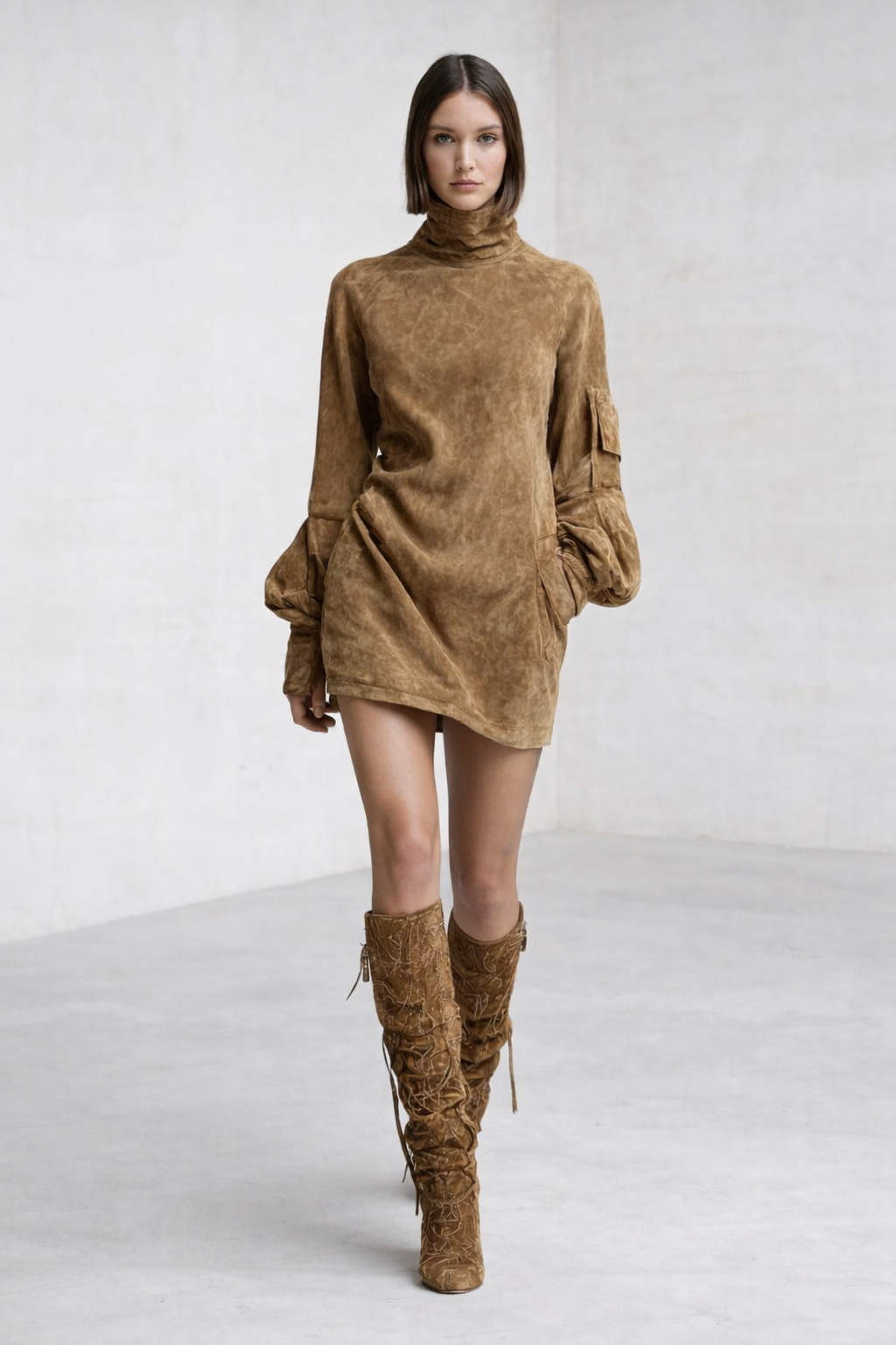 Beli ║ Minivestido holgado de ante con cuello alto