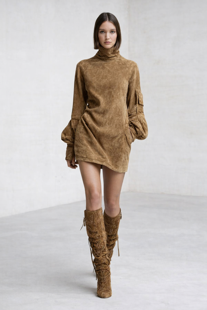 Beli ║ Minivestido holgado de ante con cuello alto