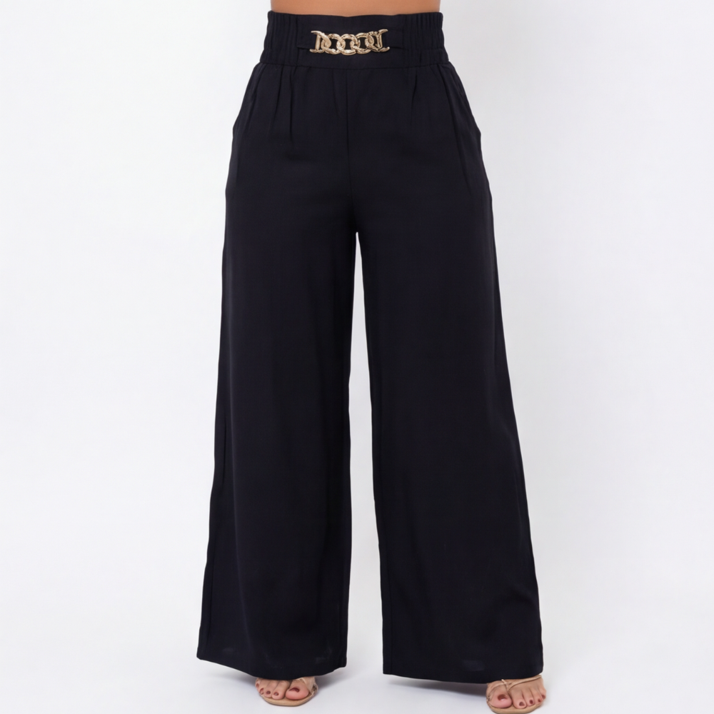 Florena™ Pantalones de talle alto y pierna ancha con detalle de cadena.