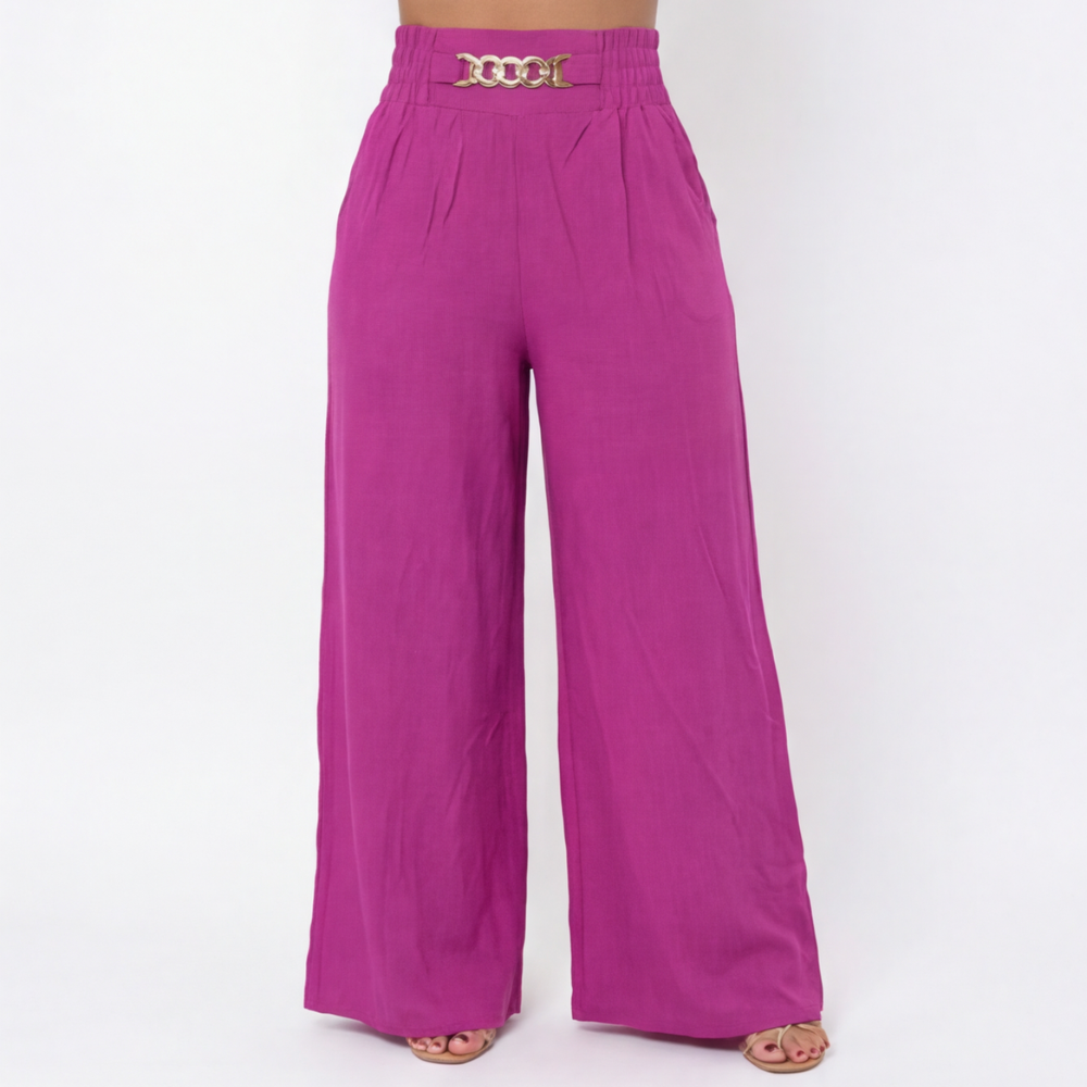 Florena™ Pantalones de talle alto y pierna ancha con detalle de cadena.