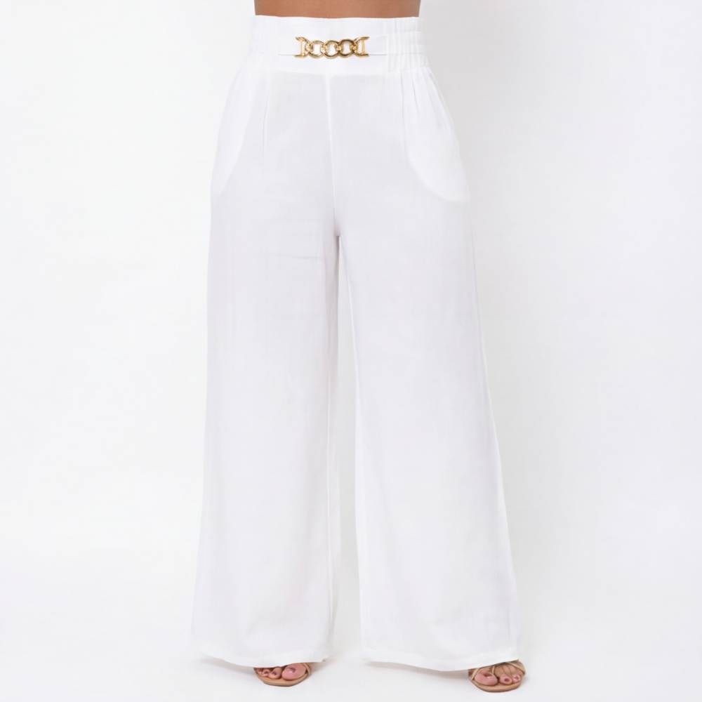 Florena™ Pantalones de talle alto y pierna ancha con detalle de cadena.