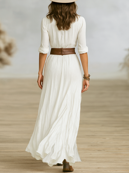 Aurora · Vestido Largo de Lino con Cuello Invertido