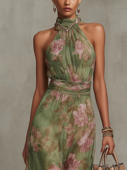 Florine™ | Vestido Maxi Verde con Estampado Floral