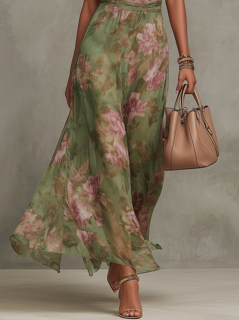 Florine™ | Vestido Maxi Verde con Estampado Floral
