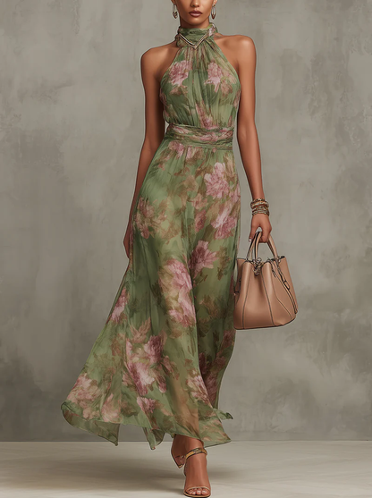 Florine™ | Vestido Maxi Verde con Estampado Floral