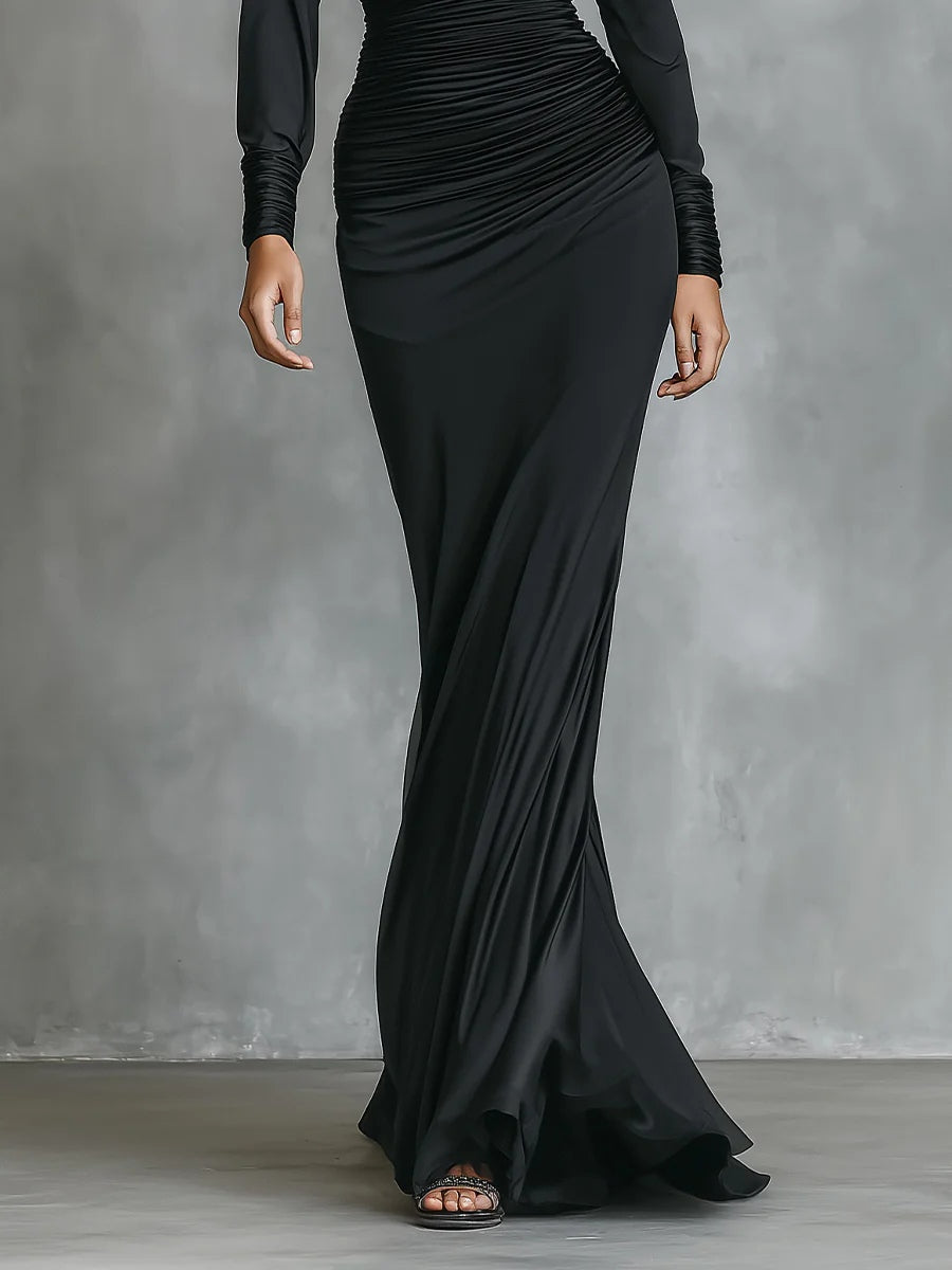 Célina™ | Vestido maxi satinado de un solo hombro en negro