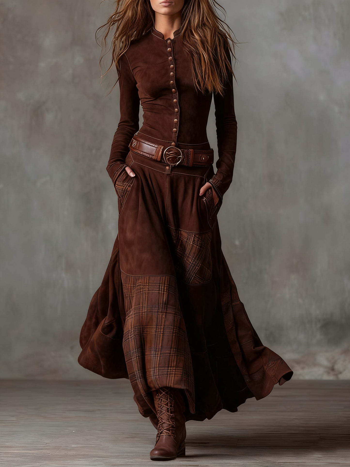 Azucena ║ Vestido maxi de ante con cinturón