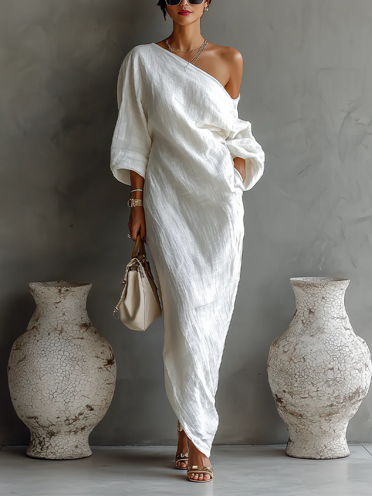 Elise™ | Elegante vestido maxi de un solo hombro en blanco