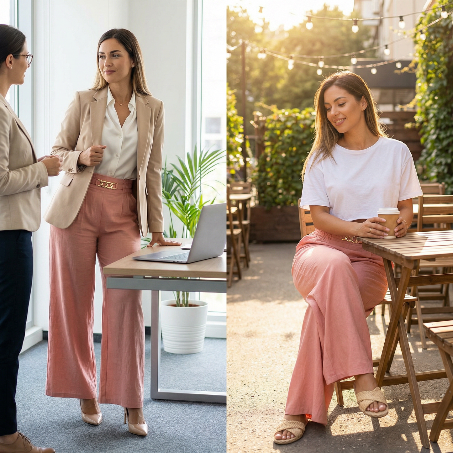 Florena™ Pantalones de talle alto y pierna ancha con detalle de cadena.