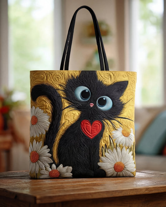 Bolso Artesanal “Gato Negro con Corazón y Margaritas”