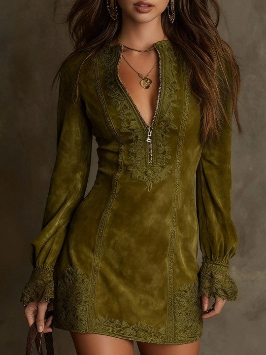 Azulena ❘ Vestido mini vintage de ante con encaje